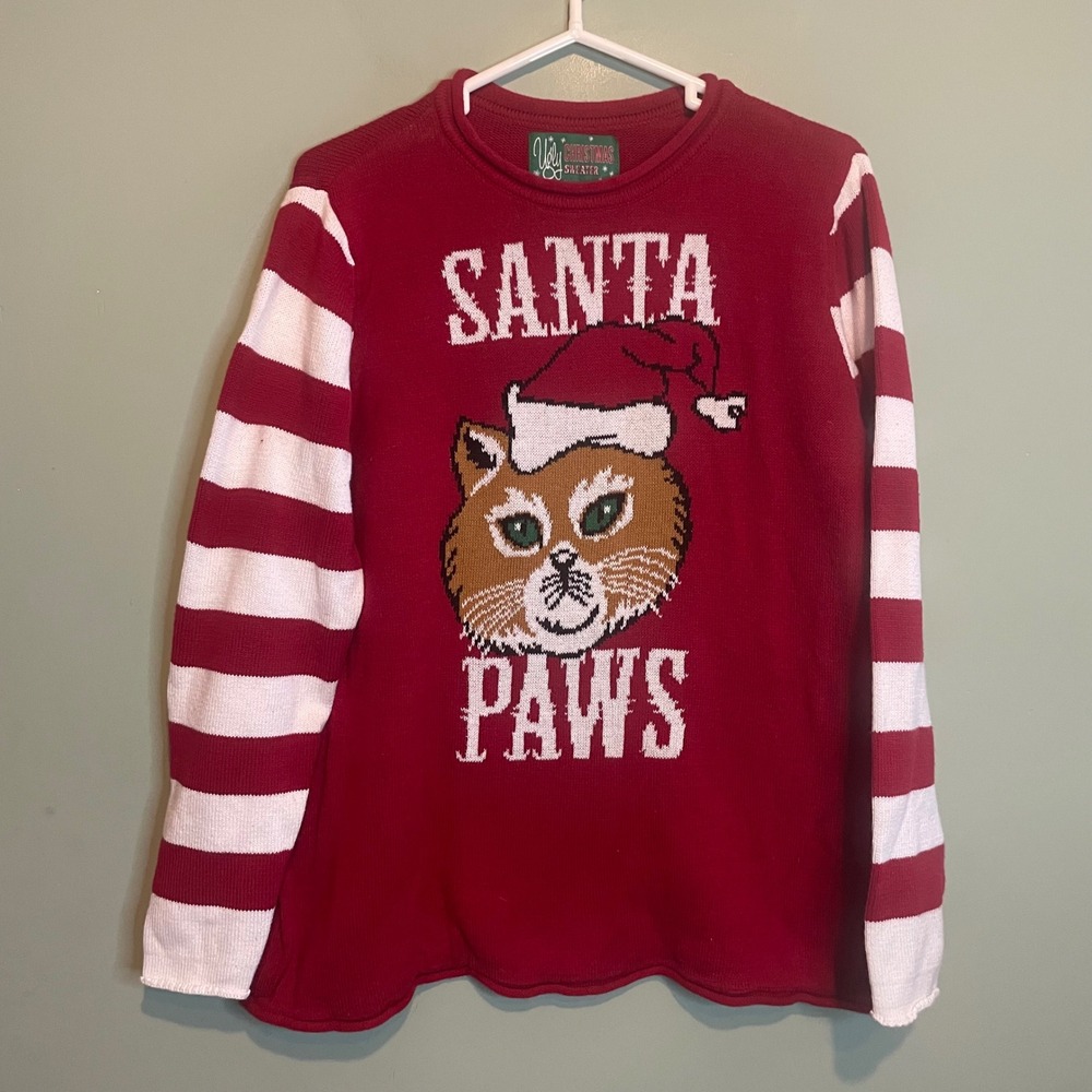 Ugly Christmas Sweater Womens Cat Santa Paws Knit Xmas Festive Holiday Red‎ 2X